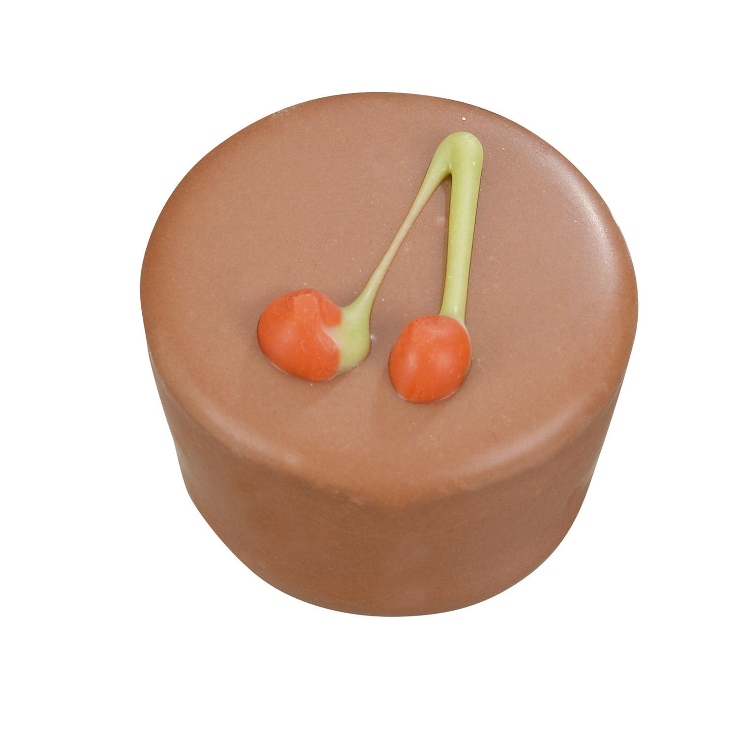Amarena milk chocolate ganache filled with cherry syrup, 20.5g, by Jag Couture London New York, showing a close-up of the chocolate treat.