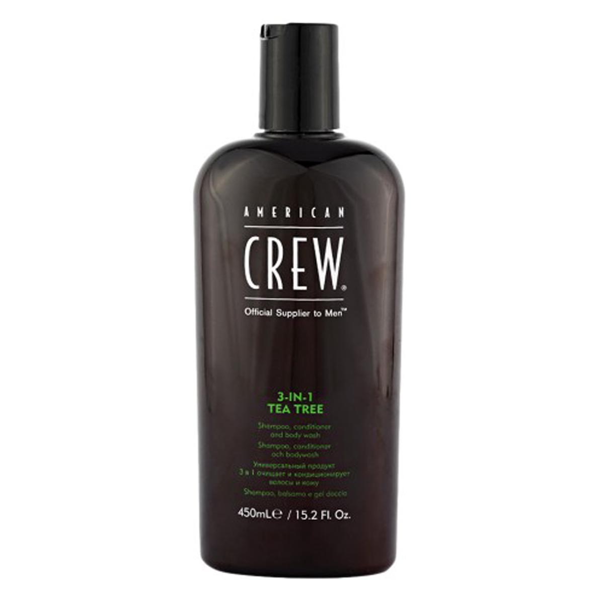 American Crew 3-in-1 Tea Tree Shampoo, Conditioner, and Body Wash in 450ml bottle, with fresh tea tree scent and natural ingredients.