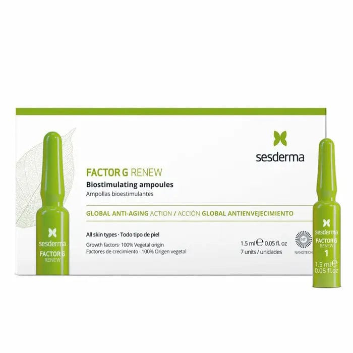 Ampoules Factor G Renew by Sesderma in sleek packaging, from Jag Couture London-New York, featuring clear glass ampoules.