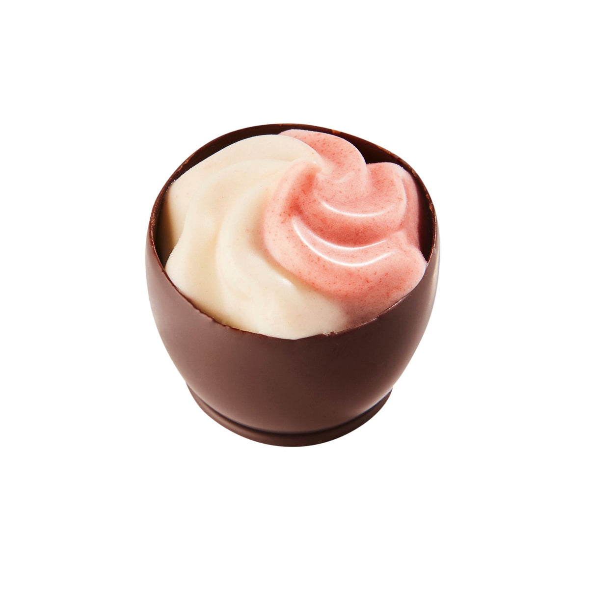 Andromeda strawberry ganache in dark chocolate cup by Jag Couture London, 19.5g, showing the elegant dessert with chocolate and strawberry filling.