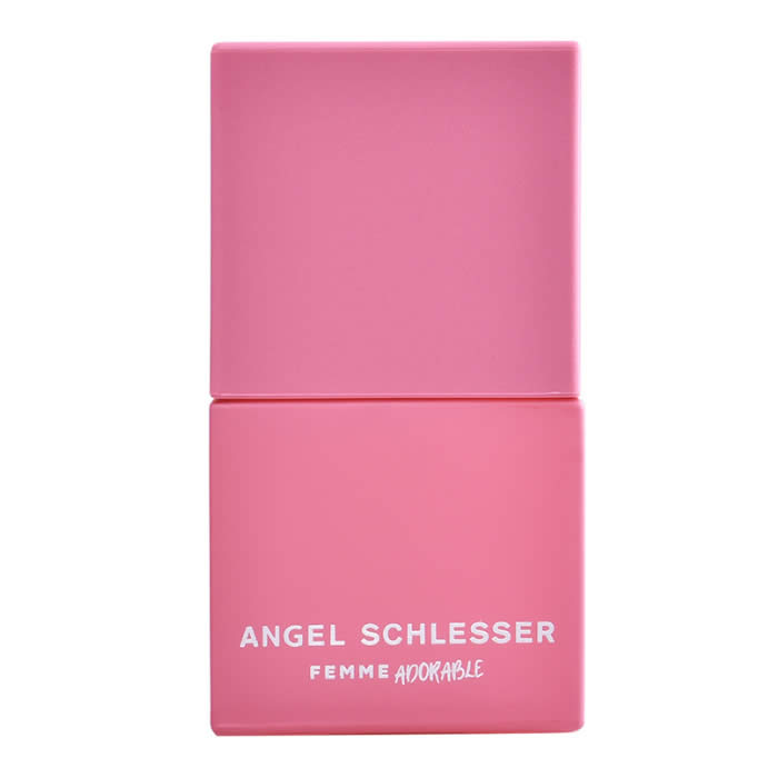 Angel Schlesser Femme Adorable Eau de Toilette spray 50ml, featuring a sleek perfume bottle with elegant gold accents.