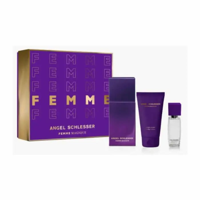 Angel Schlesser Femme Magique Eau de Toilette spray 100ml set with three bottles, featuring elegant perfume bottles and minimalist design.