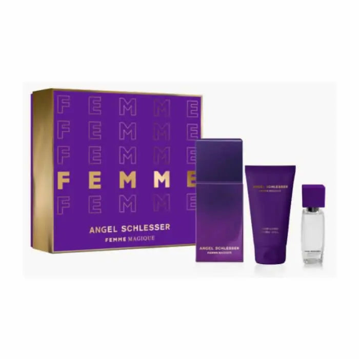 Angel Schlesser Femme Magique Eau De Toilette Spray 100ml set includes three elegant perfume bottles with floral and sophisticated designs.