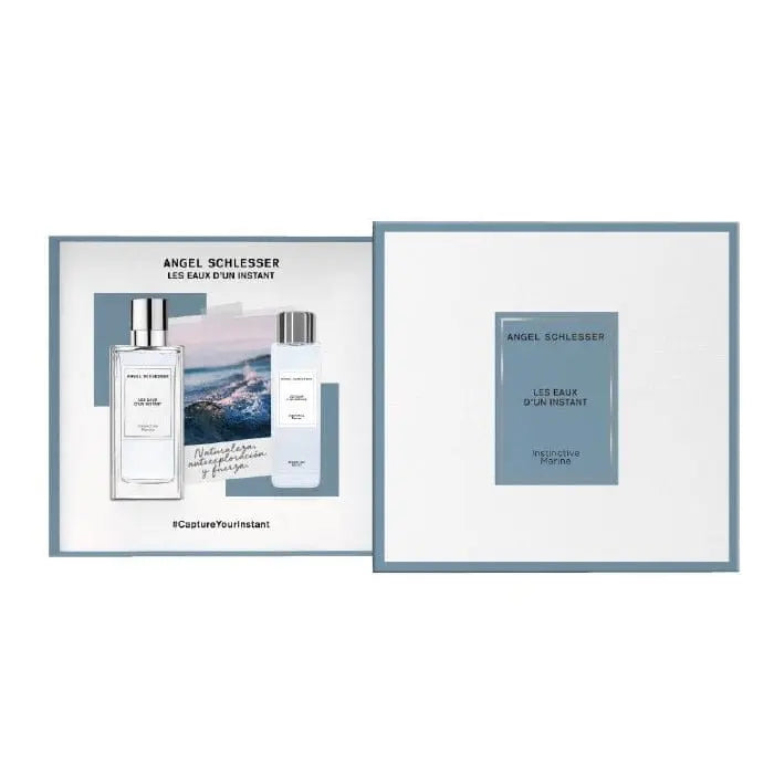 Angel Schlesser Instinctive Marine Eau de Toilette spray set with two 100ml bottles, featuring elegant packaging and a marine-inspired design.