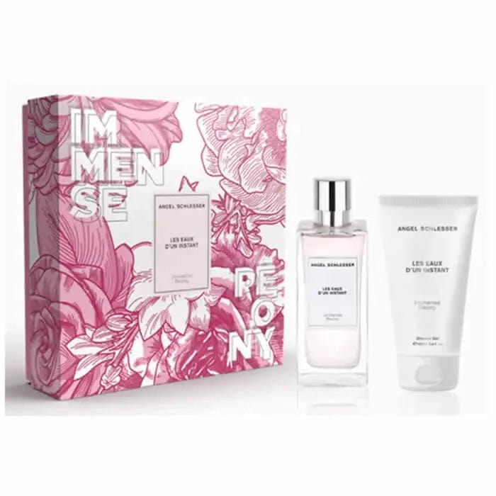 Two 100ml bottles of Angel Schlesser Les Eaux D'Un Instant Immense Peony Eau De Toilette spray set, with elegant packaging.