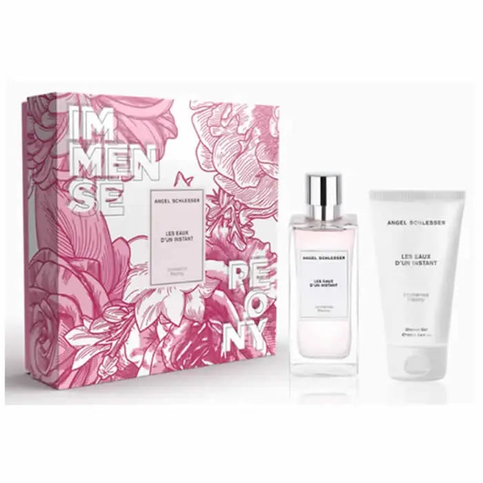 Set of two Angel Schlesser Les Eaux D'Un Instant Immense Peony Eau De Toilette sprays, 100ml each, with elegant glass bottles.