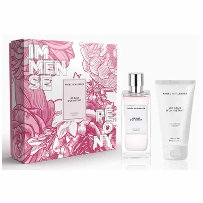 Set of two Angel Schlesser Les Eaux D'Un Instant Immense Peony Eau de Toilette sprays, 100ml each, with floral peony scent.