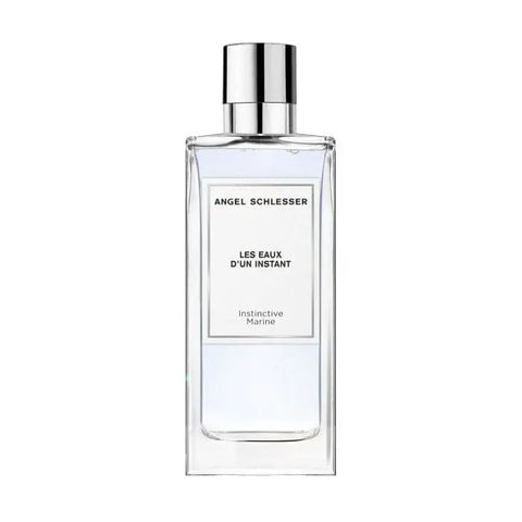 Angel Schlesser Les Eaux D'Un Instant Instinctive Marine Eau De Toilette spray, 100ml, featuring a sleek glass bottle with a silver cap.