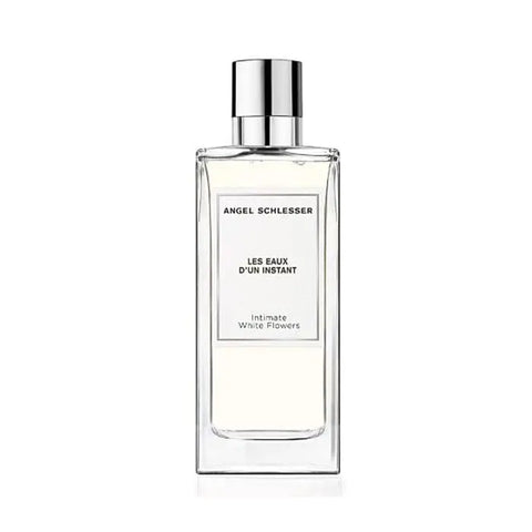 Angel Schlesser Les Eaux D'Un Instant Intimate White Flowers Eau de Toilette spray 100ml, featuring a sleek white floral bottle.