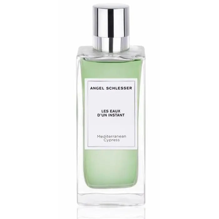 Angel Schlesser Les Eaux D'un Instant Mediterranean Cypress Eau De Toilette spray 100ml, featuring a sleek glass bottle with a minimalist design.