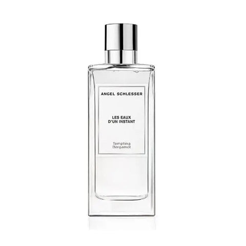 Angel Schlesser Les Eaux D'Un Instant Tempting Bergamota Eau De Toilette spray 100ml, featuring a sleek glass bottle with a silver cap.