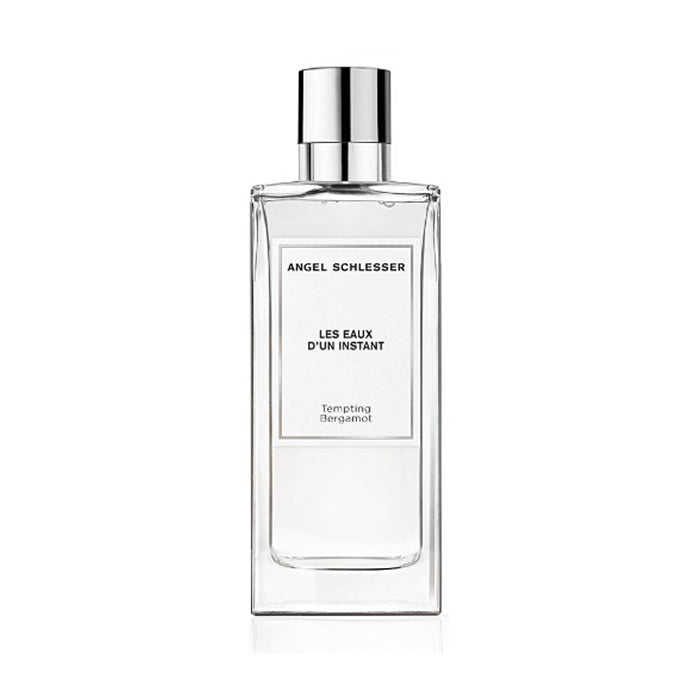 Angel Schlesser Les Eaux D'Un Instant Tempting Bergamota Eau de Toilette spray, 100ml, featuring a sleek bottle with a silver cap.