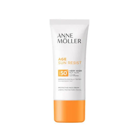Anne Moller Age Sun Resist SPF50+ cream in a 50ml tube, designed to protect skin from sun damage and aging.