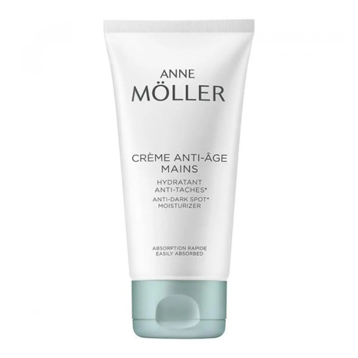 Anne Moller antiaging hand cream in a 100ml tube, displaying smooth, well-moisturized hands with the product packaging visible.
