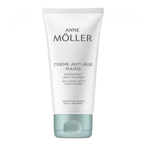 Anne Moller antiaging hand cream in a 100ml tube, displaying smooth, well-moisturized hands with the product packaging visible.