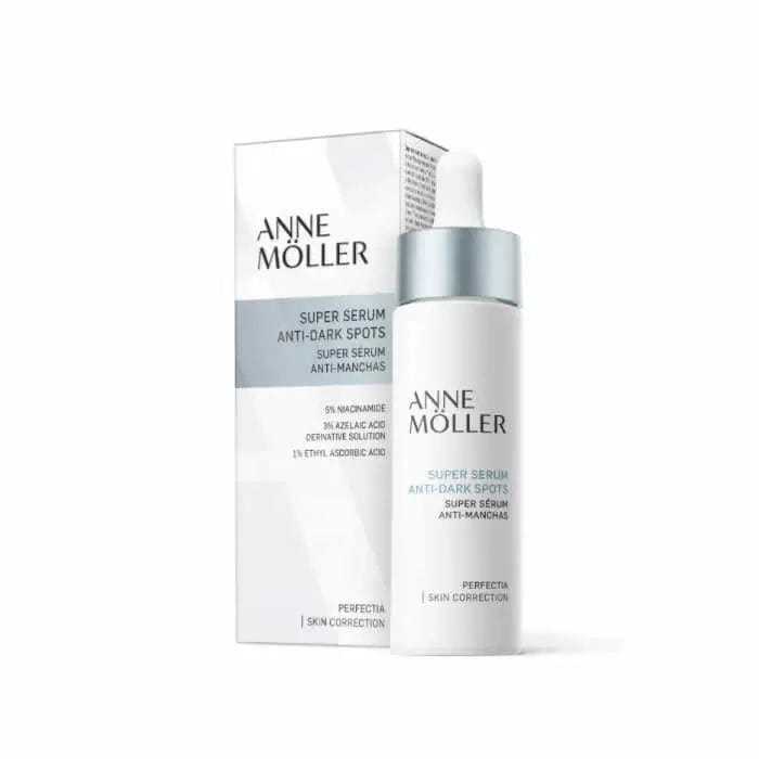 Anne Möller Perfectia Super Serum bottle with anti-dark spots formula, 30ml, displayed against a neutral background.