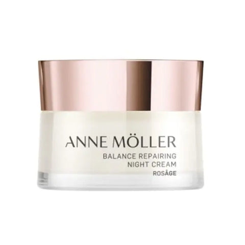 Anne Möller Rosâge Balance Repairing Night Cream 50ml jar with white lid and elegant label, shown on a neutral background.