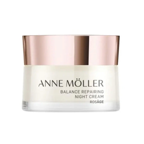 Anne Möller Rosâge Balance Repairing Night Cream in 50ml jar, with elegant packaging and product label visible.