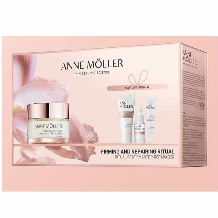 Set of four Anne Möller Rosage Day Extra Rich Cream 50ml jars, skincare product in white containers with gold accents.