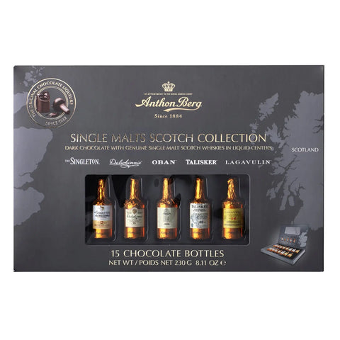 Anthon Berg 15-piece whisky liqueur collection by Jag Couture London - New York, featuring assorted whisky-flavored chocolate liqueurs.