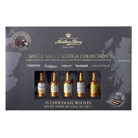 Anthon Berg 15-piece whisky liqueur collection box by Jag Couture London New York, showcasing assorted whisky-flavored chocolates.
