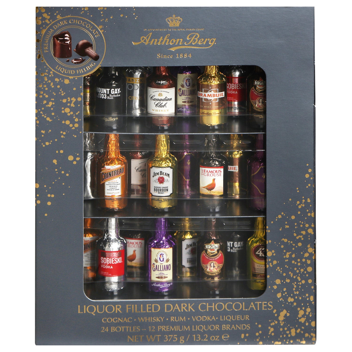 Anthon Berg 24-piece chocolate liqueurs minibar box by Jag Couture London New York, featuring assorted chocolate liqueurs in a compact package.
