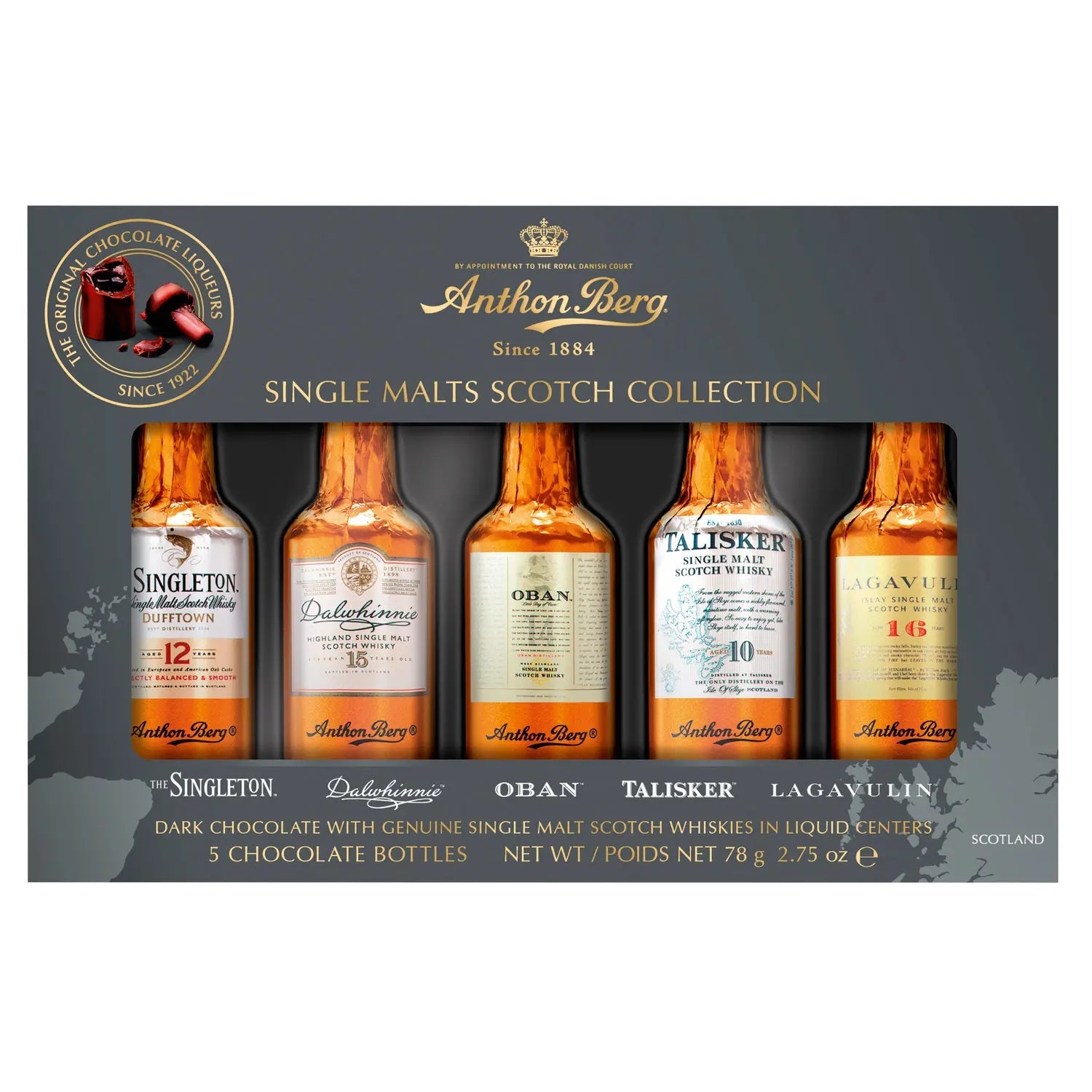 Anthon Berg 5-piece whisky liqueur collection featuring assorted flavored bottles by Jag Couture London - New York.
