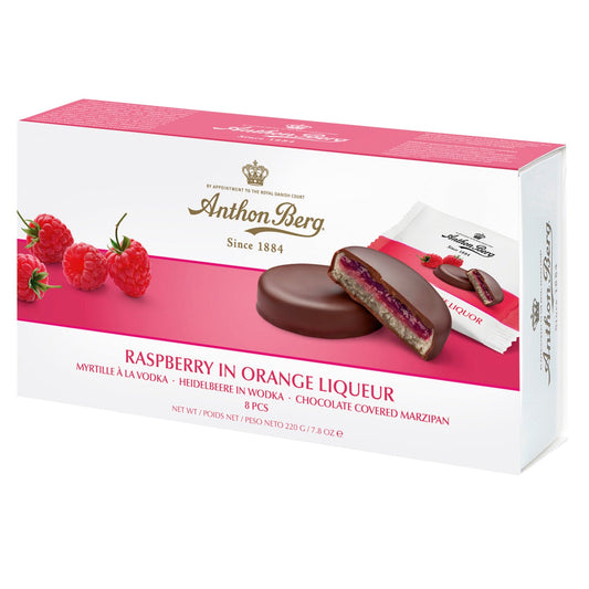 Anthon Berg raspberry and orange liqueur marzipan in dark chocolate, premium confection from Jag Couture London - New York.