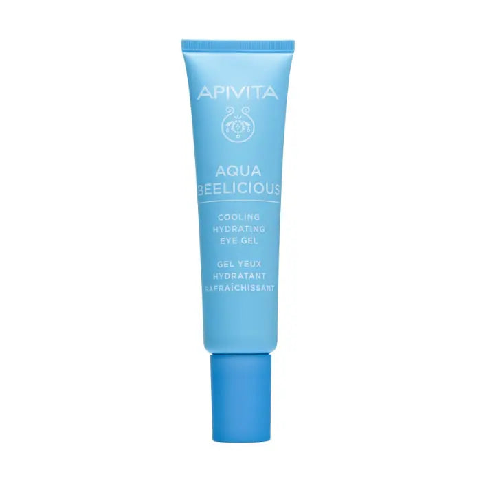 Apivita Aqua Beelicious cooling hydrating eye gel in 15ml jar, designed to refresh and hydrate the under-eye area.