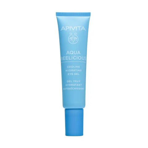 Apivita Aqua Beelicious cooling hydrating eye gel in 15ml jar, designed to refresh and hydrate the under-eye area.