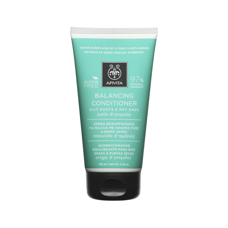 Apivita Balancing Conditioner for oily roots and dry ends, 150ml, with natural herbal ingredients, shown in a bottle.