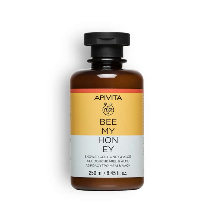 Apivita Bee My Honey shower gel in a 250ml bottle, with honey and botanical ingredients, on a white background.