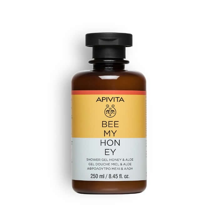 Apivita Bee My Honey shower gel 250ml bottle with honey and floral design, featuring the product label and packaging.