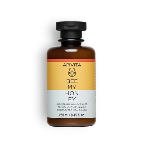Apivita Bee My Honey shower gel 250ml bottle with honey and floral design, featuring the product label and packaging.