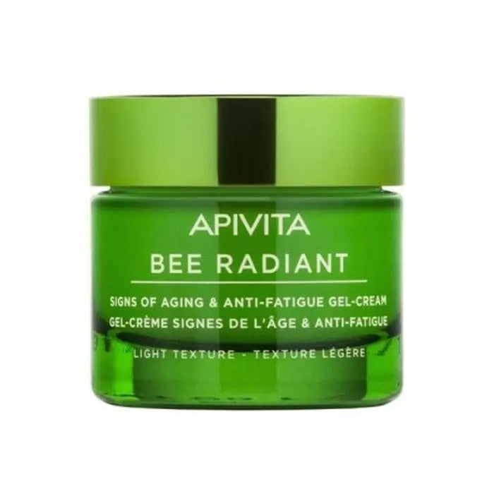 Apivita Bee Radiant gel-cream with light texture in 50ml jar, designed for radiant skin, displayed on a clean surface.