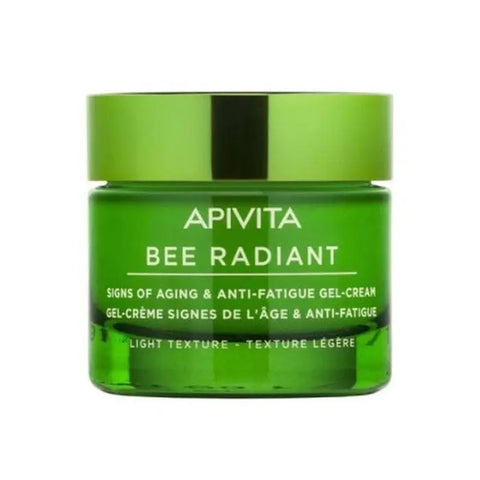 Apivita Bee Radiant gel-cream with light texture in 50ml jar, designed for radiant skin, displayed on a clean surface.