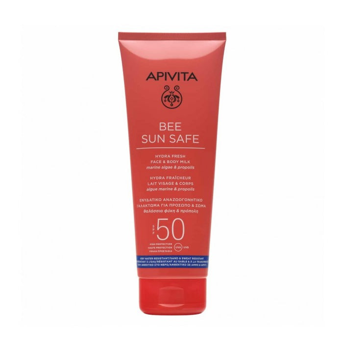 Apivita Bee Sun Safe Hydra Fresh SPF50 face and body milk, 200ml, moisturizing sunscreen with broad-spectrum protection.
