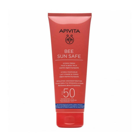 Apivita Bee Sun Safe Hydra Fresh SPF50 face and body milk, 200ml, moisturizing sunscreen with broad-spectrum protection.