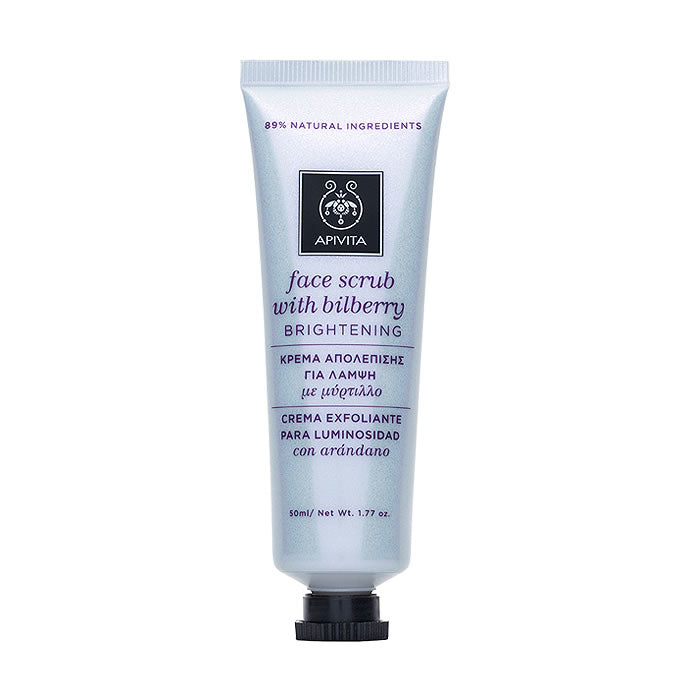 Brightening face scrub with bilberry by Apivita, 50ml, featuring natural ingredients and a textured scrub texture.
