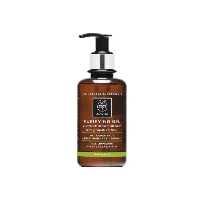 Apivita Cleansing Gel with Propolis and Lima, 200ml, in clear bottle, highlighting natural ingredients and refreshing skincare.