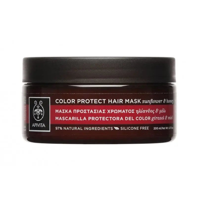 Apivita Color Protect Hair Mask with sunflower and honey in a 200ml jar, designed to nourish and preserve colored hair.