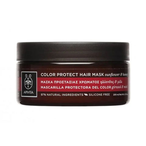Apivita Color Protect Hair Mask with sunflower and honey in a 200ml jar, designed to nourish and preserve colored hair.
