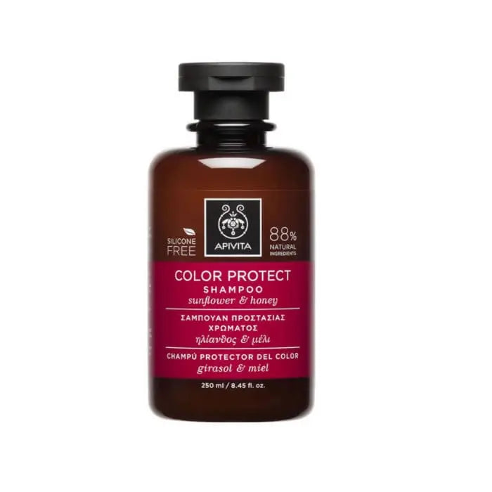 Apivita Color Protect Shampoo with sunflower and honey in a 250ml bottle, designed to preserve hair color and add shine.