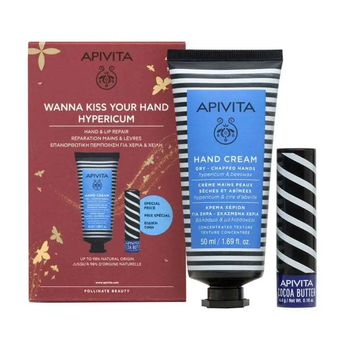 Set of Apivita Hypericum hand cream 50ml and lip balm 4.4g by Jag Couture London with packaging and product details.