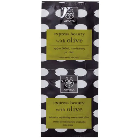 Apivita Intensive Exfoliating Mask with Olive, 2x8ml, in sleek packaging, designed for gentle facial exfoliation and skin renewal.