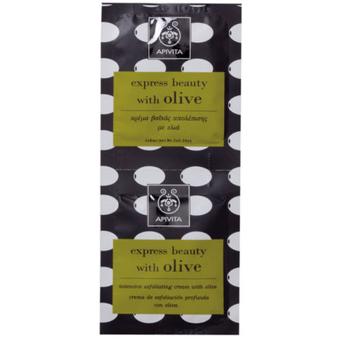 Apivita Intensive Exfoliating Mask with Olive in two 8ml tubes, designed for gentle skin exfoliation and revitalization.