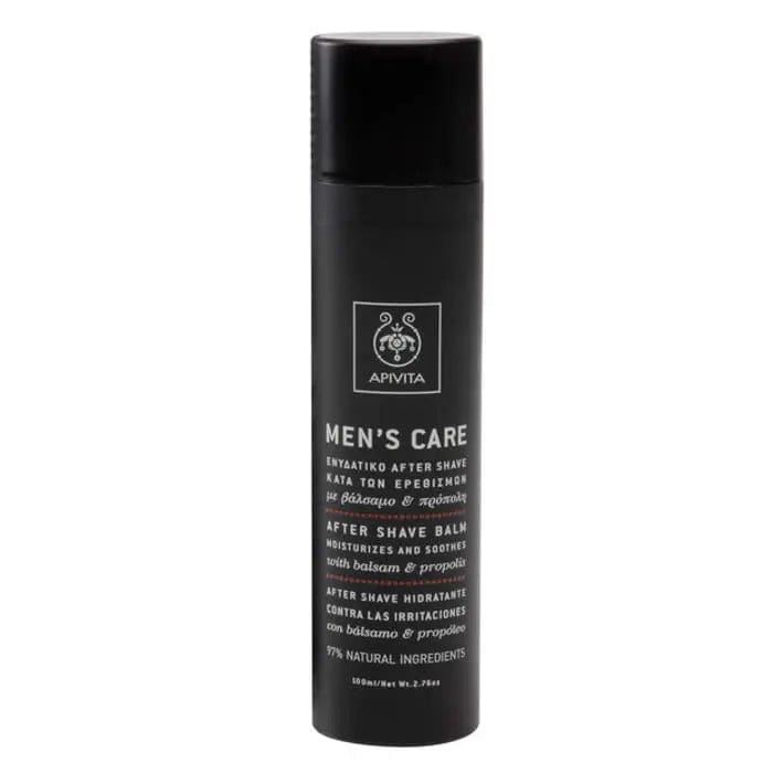 Apivita Men's Care After Shave Balm in 100ml tube, with natural ingredients, designed to soothe and hydrate skin after shaving.
