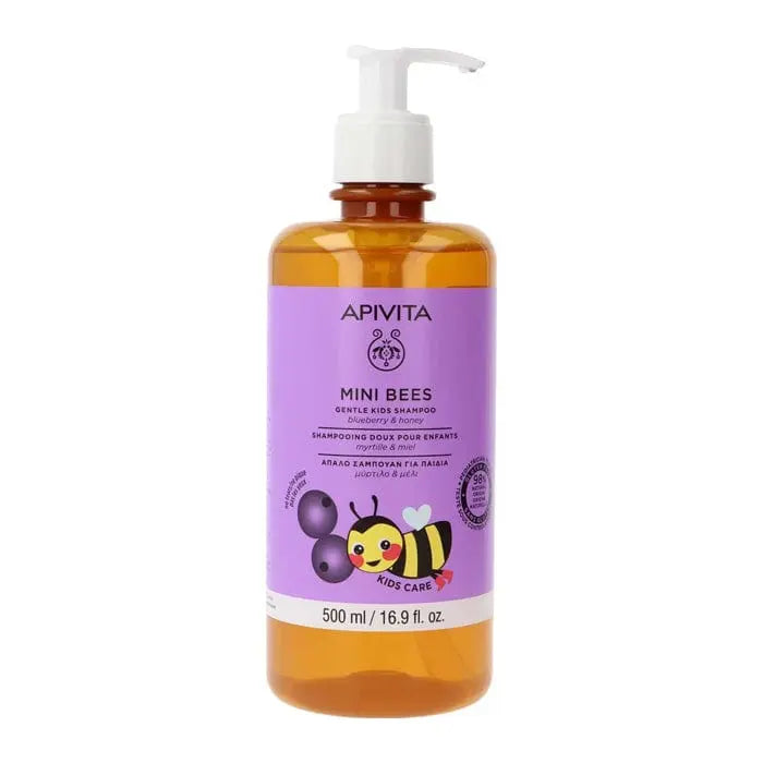 Apivita Mini Bees children's shampoo with blueberry and honey in a 500ml bottle, featuring colorful packaging and playful design.
