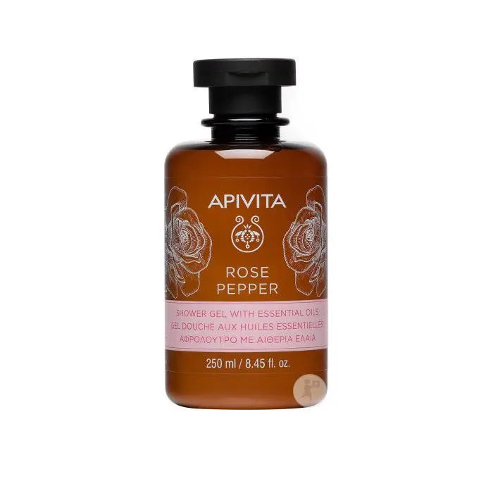 Apivita Rose Pepper Bath Gel in a 250ml bottle, with floral and pepper accents, displayed on a clean bathroom surface.