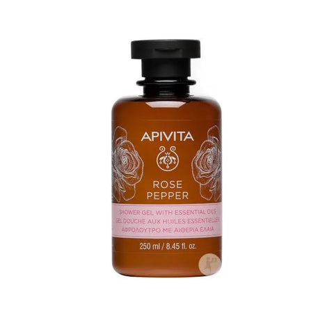 Apivita Rose Pepper Bath Gel in a 250ml bottle, with floral and pepper accents, displayed on a clean bathroom surface.
